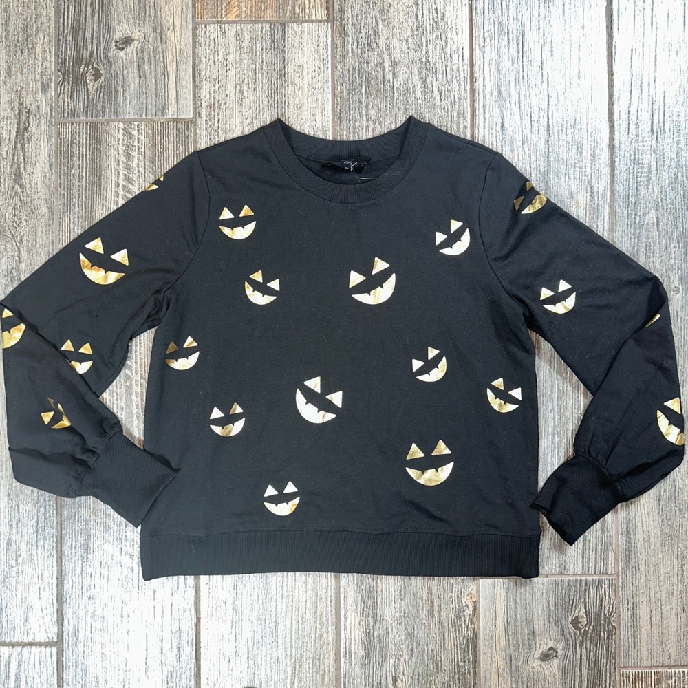 Marled Women's Medium Halloween Pumpkin Gold Foil Black Pullover Sweatshirt